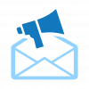 Blue icon of an envelope with a megaphone, indicating custom integrations like email marketing and CRM tools.